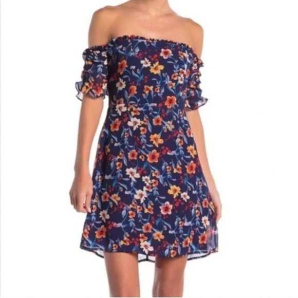 CYNTHIA STEFFE blue floral print off-the-shoulder chiffon mini dress - Picture 1 of 12
